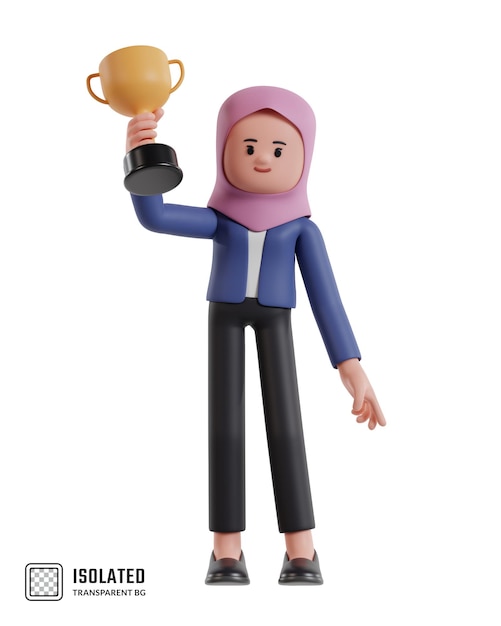 Ilustración de una mujer de negocios de dibujos animados con hijab levantando el trofeo con la mano derecha