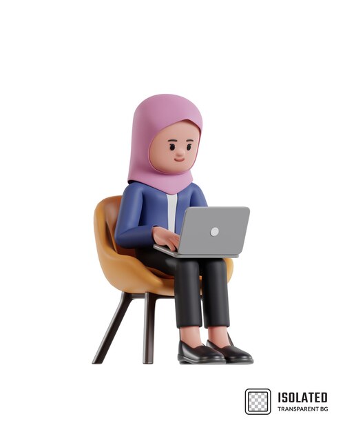 Ilustración de una mujer de negocios de dibujos animados con hijab sentada en una silla y trabajando en una computadora portátil