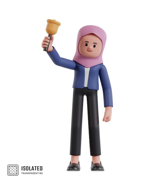 PSD ilustración de una mujer de negocios de dibujos animados con hijab sosteniendo una campana para recordar