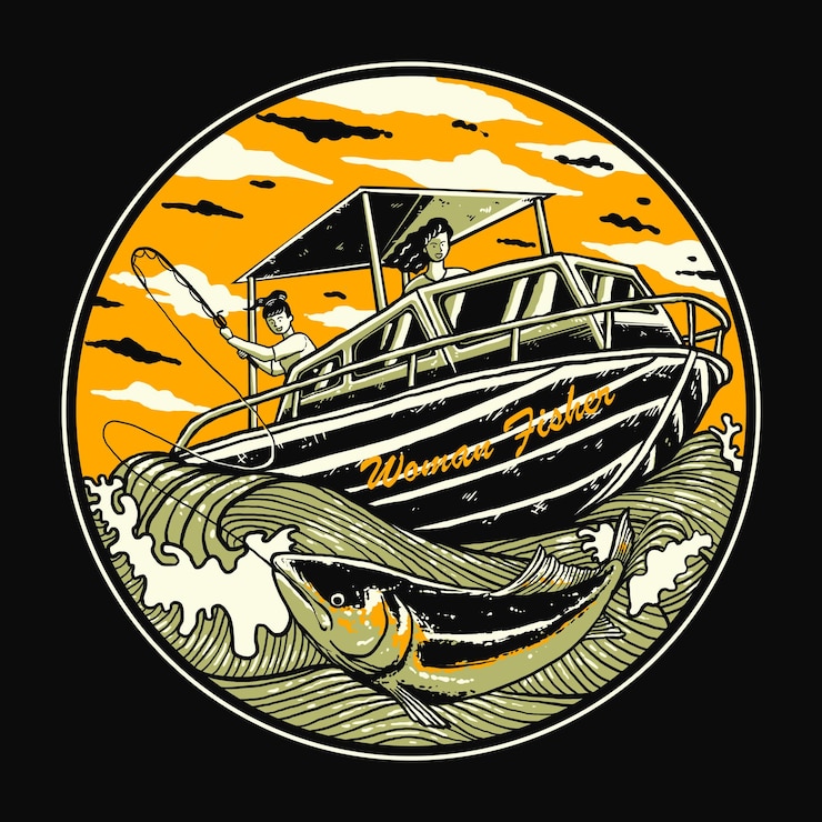 PSD ilustración de una mujer pescando en un barco