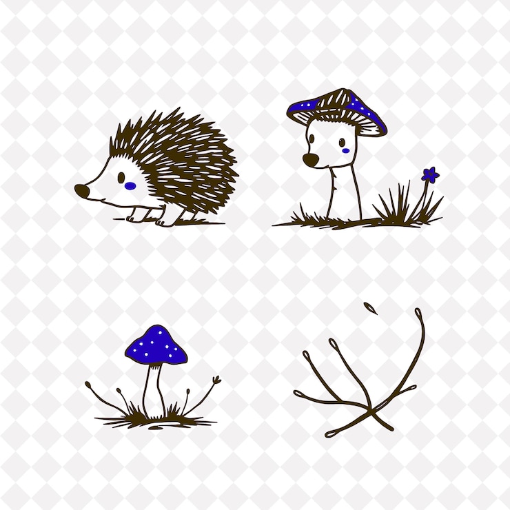 PSD ilustración la nariz del erizo los hongos las ramas de la hierba las narices del erizo diminutas olfateando el aire los hongos s