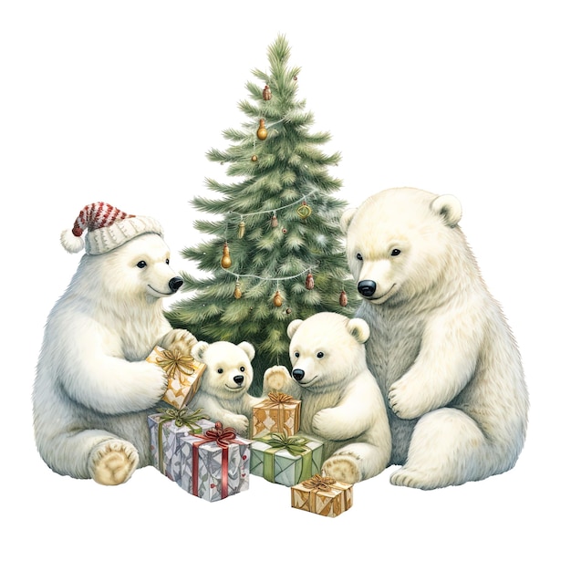 Ilustración navideña en acuarela de un grupo de osos polares con regalos y un árbol de navidad