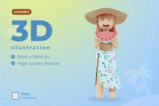 ilustración de niña de verano 3d comer sandía