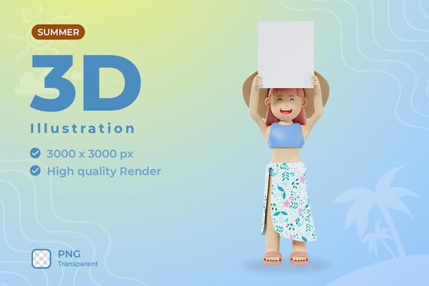 Ilustración de niña de verano 3d sostener cartel blanco