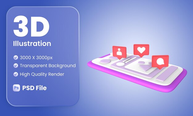 Ilustración de notificación de redes sociales 3D