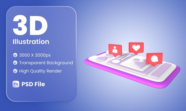 Ilustración de notificación de redes sociales 3d