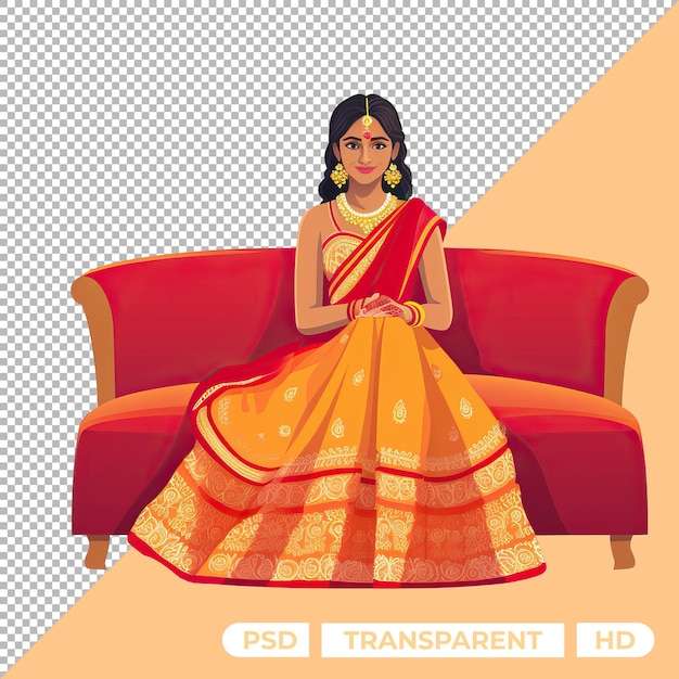 PSD ilustración de una novia india en traje de haldi sentada en un sofá aislado en un fondo transparente