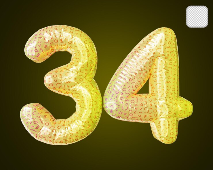 PSD ilustración del número 34 para niños 3d