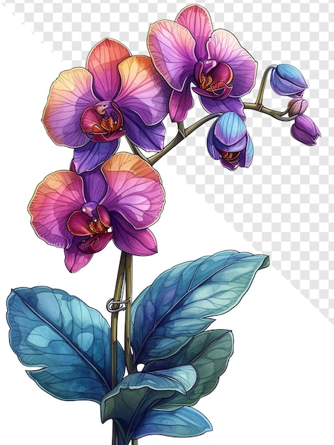 Ilustración de orquídeas con grueso contorno negro y colores vívidos