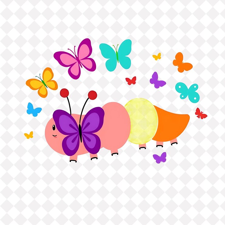 PSD ilustración oruga feliz con formas de mariposa extendidas por todo el mundo vibrante y transformadora