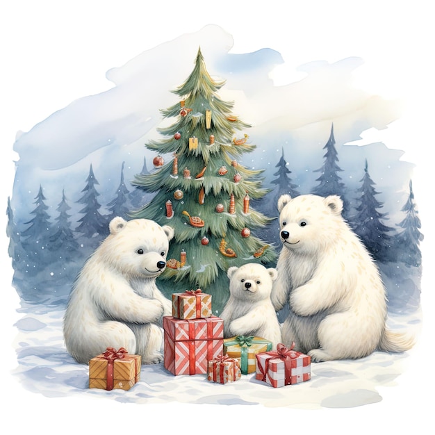 PSD ilustración de osos blancos cerca del árbol de navidad con regalos y un árbol de navidad