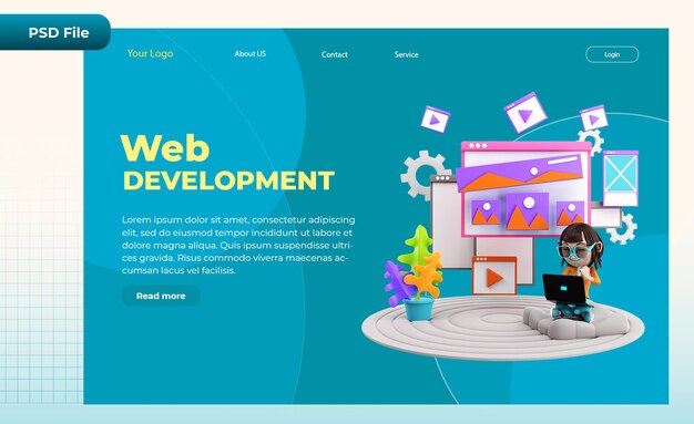 PSD ilustración de página de destino 3d de desarrollo web