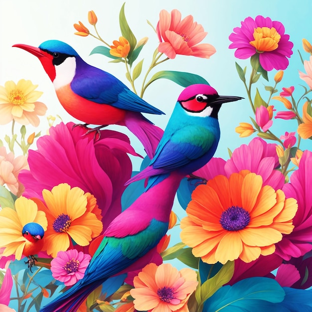 Ilustración de pájaros y flores.