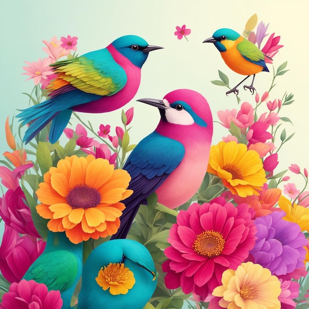 PSD ilustración de pájaros y flores.