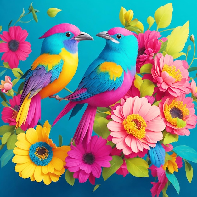 PSD ilustración de pájaros y flores.