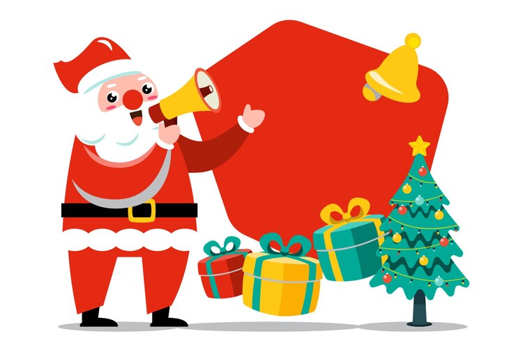 Ilustración de Papá Noel anunciando la Navidad con regalos y árbol de Navidad