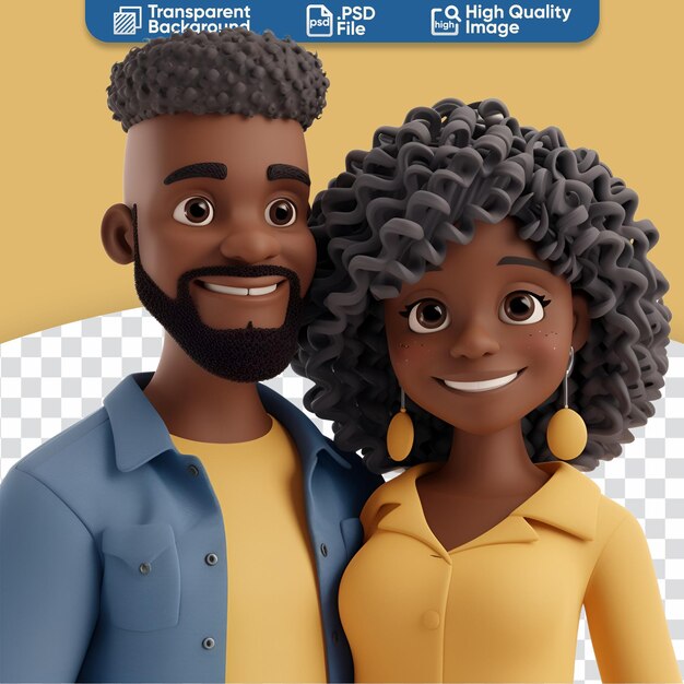 PSD ilustración de una pareja feliz un retrato de primer plano en un simple renderizado 3d de dibujos animados.