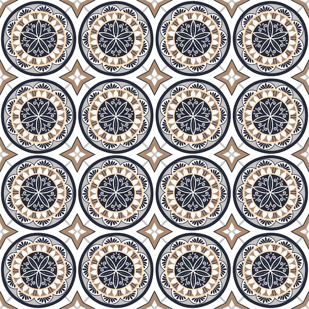 Ilustración de un patrón de azulejos con motivos florales geométricos abstractos en una paleta de colores monocromáticos
