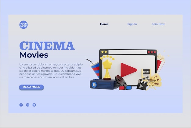 Ilustración de película de cine 3d Página de destino Premium psd