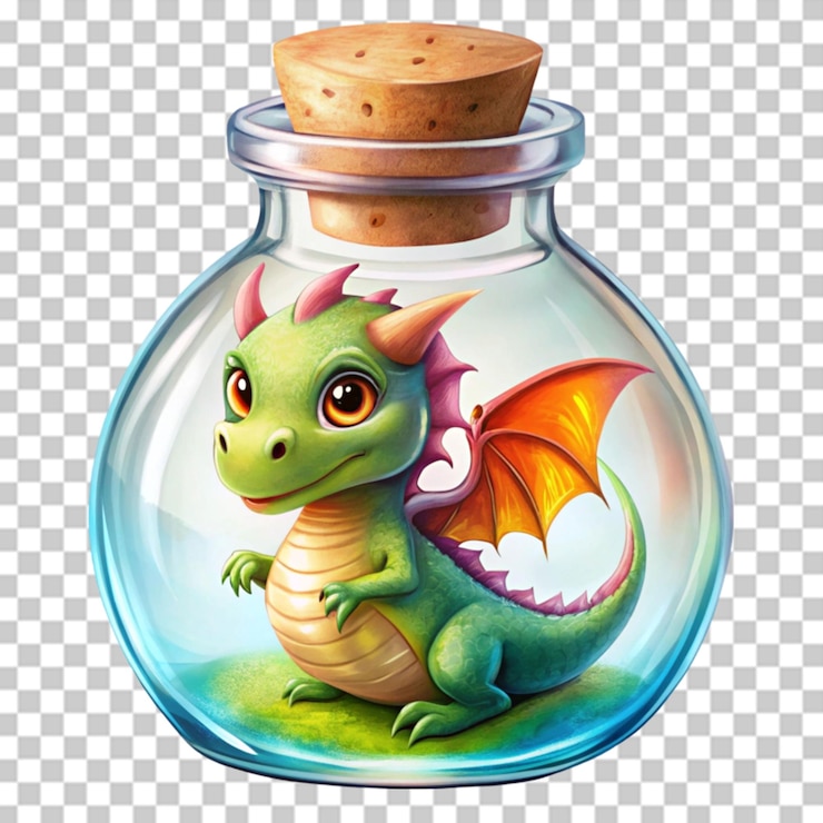 PSD ilustración de un pequeño dragón encerrado en una botella sobre un fondo transparente