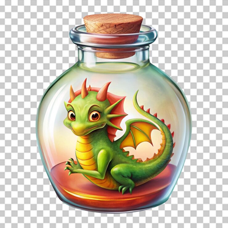 PSD ilustración de un pequeño dragón encerrado en una botella sobre un fondo transparente