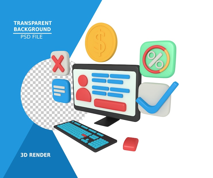 PSD ilustración de un perfil de registro de sitio web en una computadora