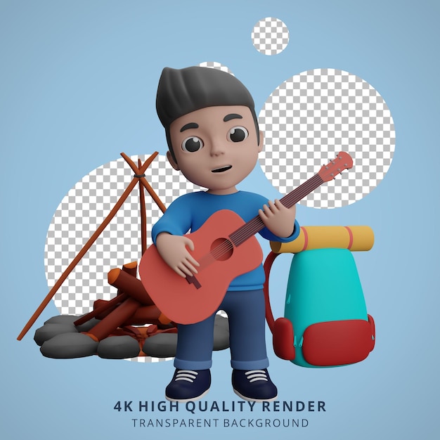 Ilustración de personaje 3D de mascota de camping chico tocando la guitarra