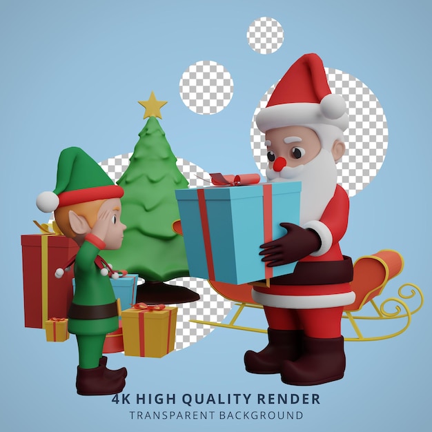 La ilustración del personaje 3D de la mascota de Papá Noel da regalos