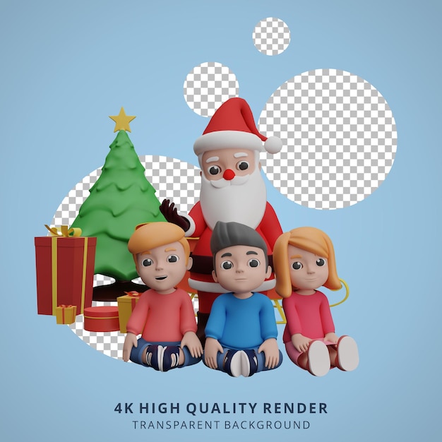 Ilustración de personaje 3D de mascota de Papá Noel con niños
