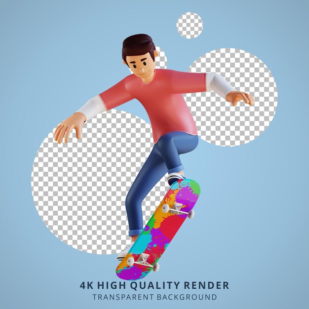 Ilustración de personaje 3d de skateboarding joven