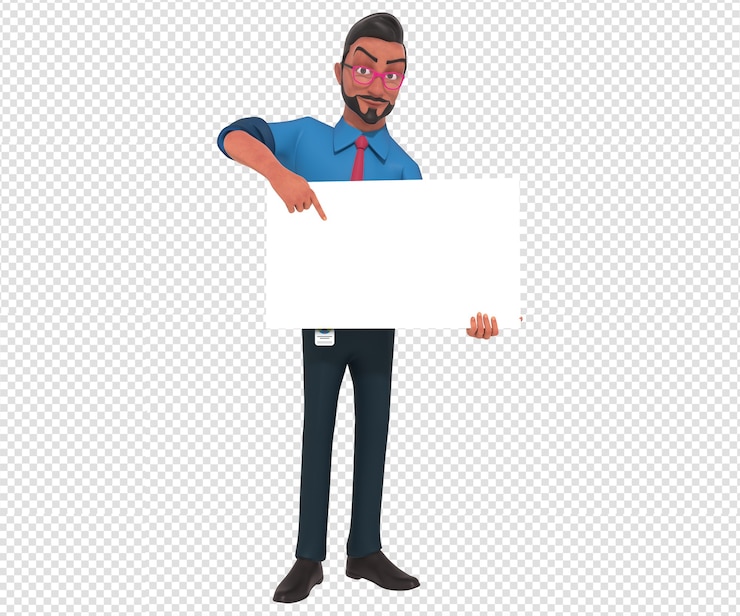 PSD ilustración de personaje aislado de la mascota de dibujos animados de empresario sosteniendo pancarta blanca en blanco
