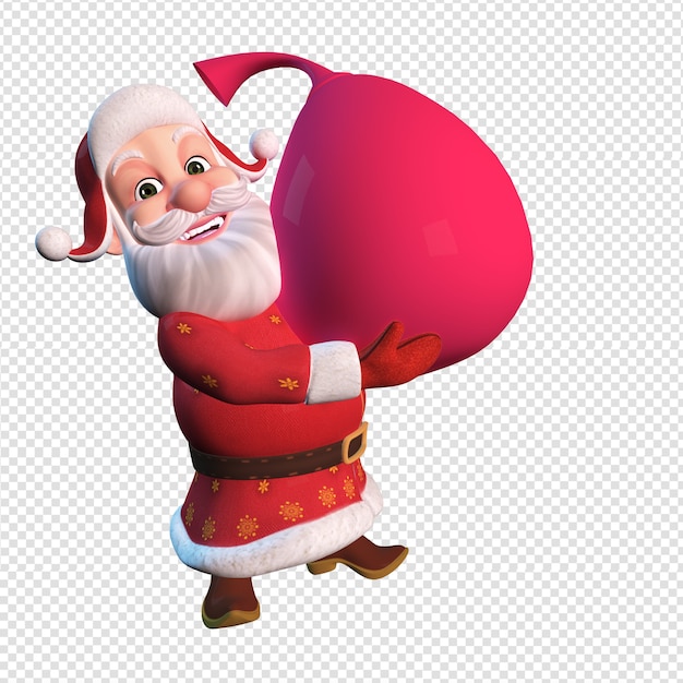 PSD ilustración de personaje aislado de santa claus sosteniendo una gran bolsa roja