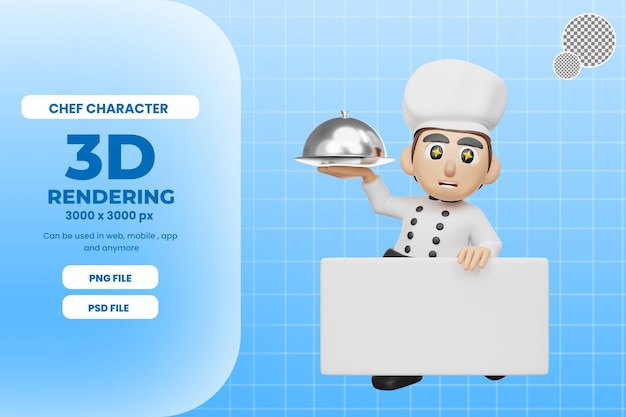 Ilustración de personaje de chef de renderizado 3d con comida servida y tablero psd premium