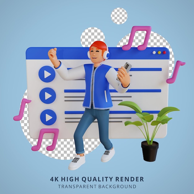 Ilustración de personaje de dibujos animados 3d de hombre joven escuchando música