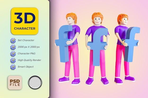 Ilustración de personaje de dibujos animados masculino 3d con logotipo de facebook
