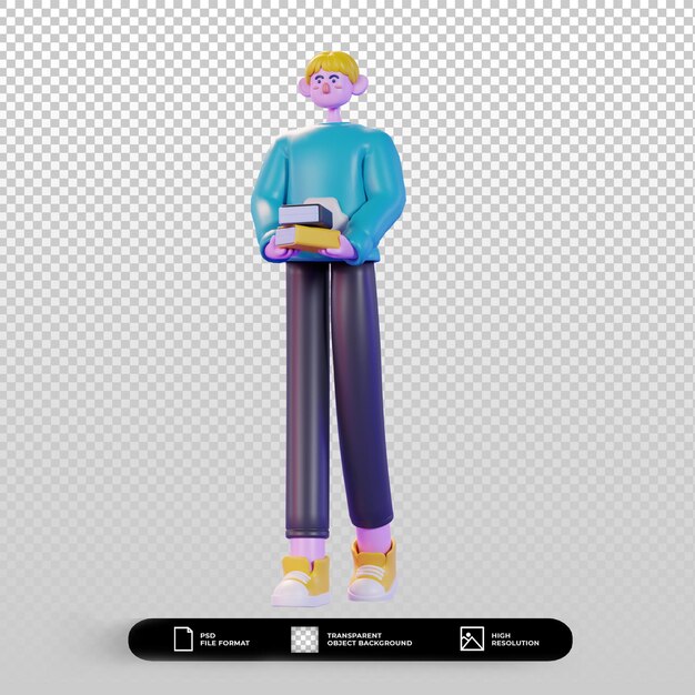 Ilustración de personaje de renderizado 3d de pie con pose de libro