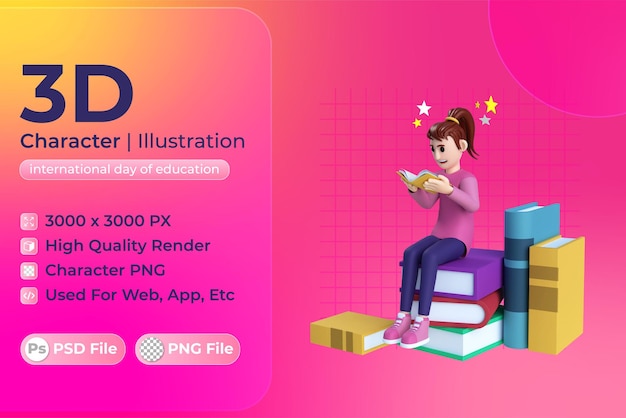 PSD ilustración de personajes en 3d del día internacional de la educación