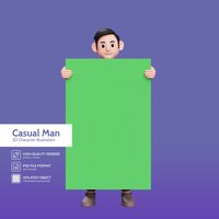 PSD ilustración de personajes en 3d hombre casual asomándose detrás de una gran pantalla verde solo se pueden ver su cabeza y sus manos