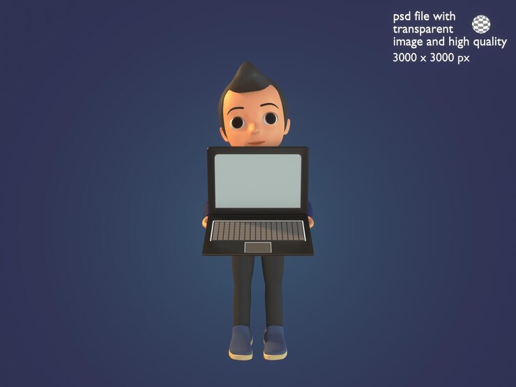 PSD ilustración de personajes en 3d de un hombre que sostiene una computadora portátil