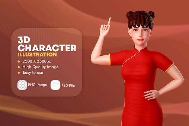 Ilustración de personajes en 3d de una linda mujer china, la chica apuntando hacia arriba con su mano derecha