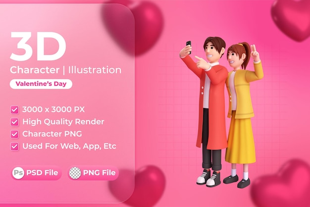 PSD ilustración de personajes en 3d de la pareja del día de san valentín con selfie