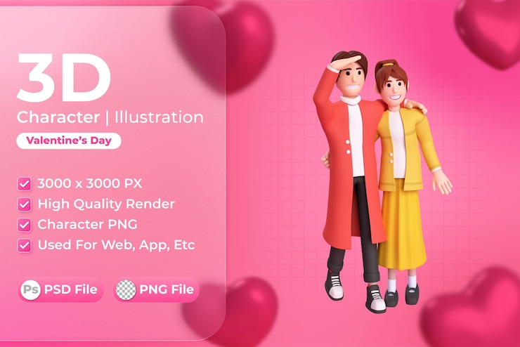 PSD ilustración de personajes 3d de parejas día de san valentín