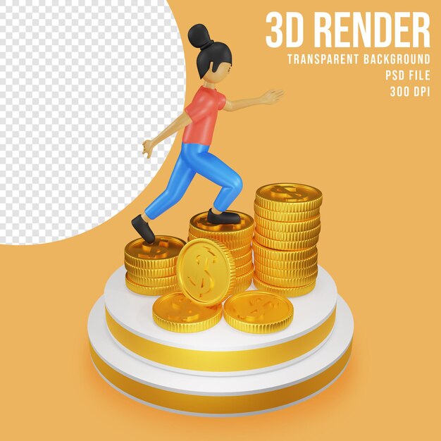 Ilustración de personajes en 3D de personas caminando sobre monedas de dólar
