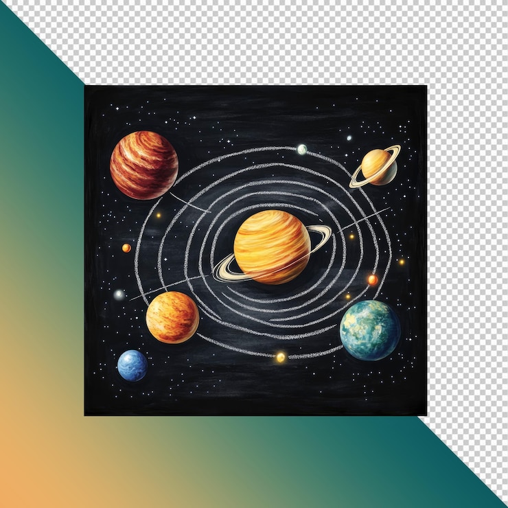 PSD ilustración en pizarra del sistema solar con planetas y órbitas