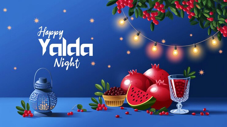 PSD ilustración plana para la celebración de la noche de yalda con frutas y linterna
