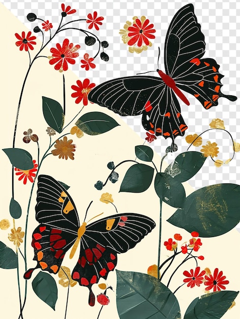 Ilustración plana de mariposas y flores en estilo tallado en madera