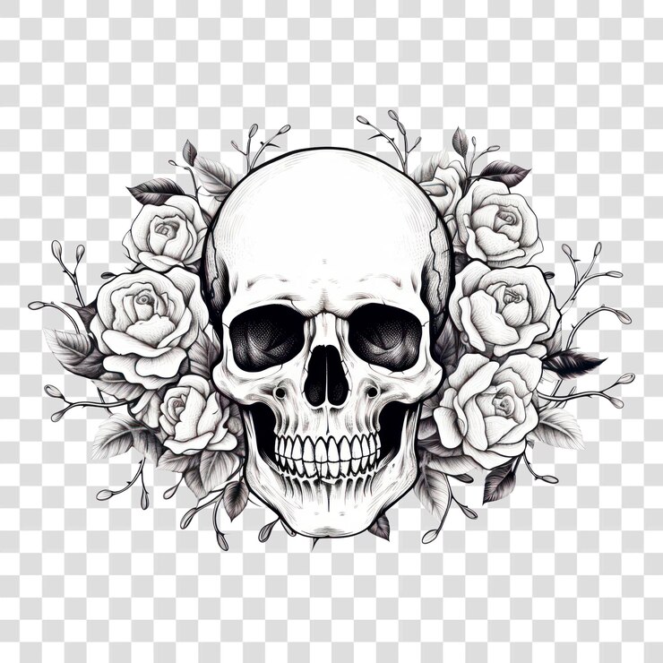 PSD ilustración en png de un cráneo con rosas dibujando un boceto ilustrado