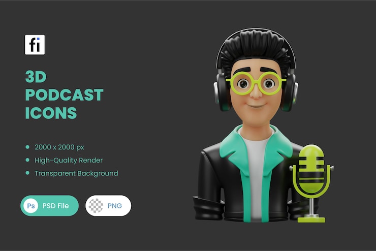 PSD ilustración de podcast en 3d anfitrión de podcast masculino