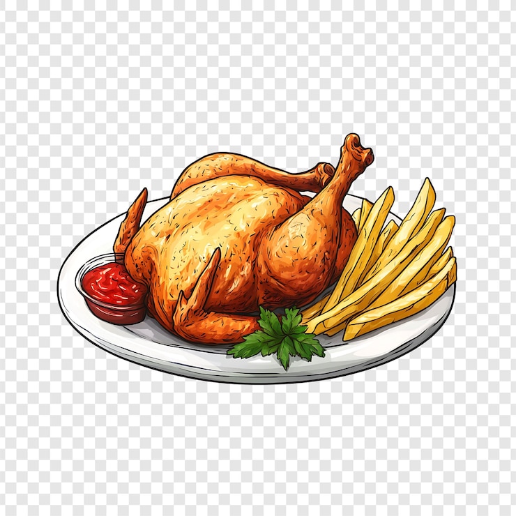 PSD ilustración de pollo asado con patatas fritas y guarnición aislada sobre un fondo transparente