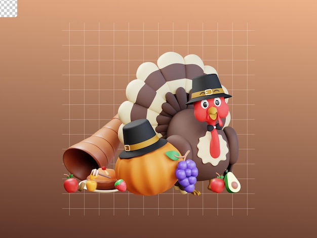 Ilustración de pollo de pavo de acción de gracias 3d con cornucopia y calabaza